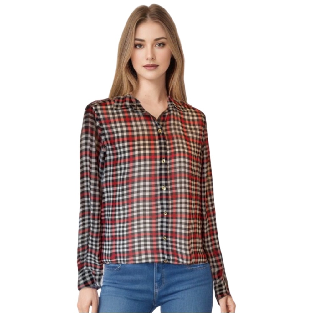 C Wonder Sheer Plaid Button Down Shirt Size Small